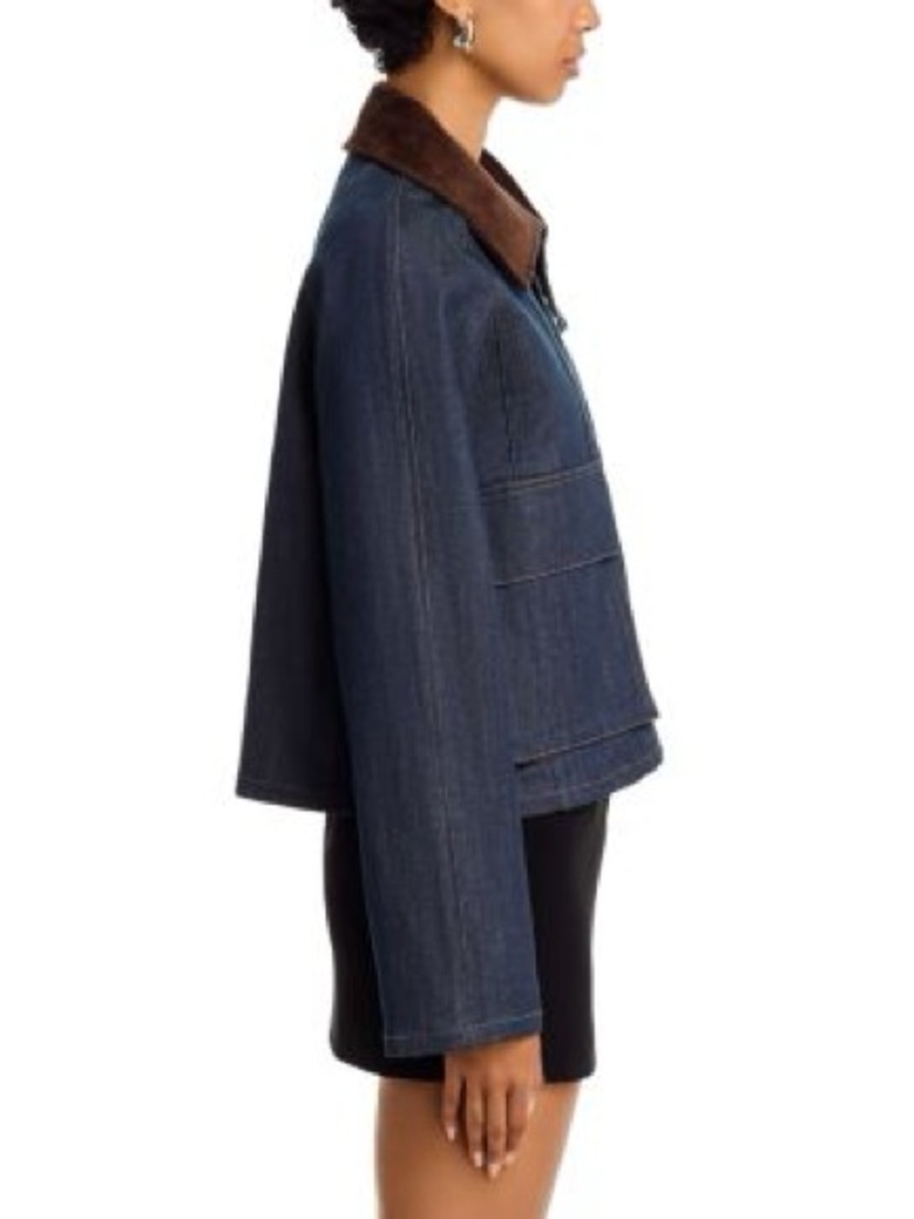 Steve Madden Bloomingdale’s Justina Dark Blue Denim Jacket Brown Collar - Picture 3 of 6